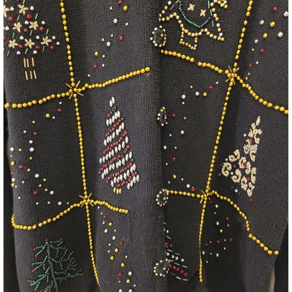 Studio Joy Sweater Cardigan Women M Black Beaded Christmas Trees Faux Fur Collar - Picture 10 of 11